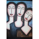 A FRAMED MODERNIST OIL ON CANVAS STUDY OF THREE FEMALE FIGURES, INDISTINCTLY SIGNED LOWER RIGHT -