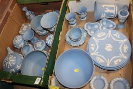 TWO TRAYS OF WEDGWOOD BLUE JASPERWARE TO INCLUDE A THREE PIECE TEA SERVICE, FRUIT BOWLS VASES ETC