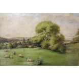TWO GILT FRAMED OIL PAINTINGS ON BOARD OF SHEEP IN A COUNTRY ;LANDSCAPE AND A COASTAL SCENE