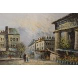 A LARGE GILT FRAMED OIL ON CANVAS OF A CONTINENTAL STREET SCENE SIGNED BURNETT - H 61 CM W 91 CM