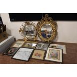 A QUANTITY OF NEEDLEWORKS, PRINTS AND WALL MIRRORS