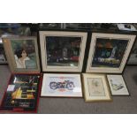 A COLLECTION OF MOTOR RELATED PRINTS TO INCLUDE TWO SIGNED LIMITED EDITION BARRY ROWE PRINTS