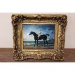 A GILT FRAMED PORCELAIN PLAQUE OF A HORSE AND JOCKEY - STAMPED VIENNA TO REVERSE