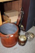 A LEATHER COATED COAL BUCKET, SILVER PLATED ICE BUCKET, OAK BISCUIT BARREL ETC