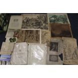 A TRAY OF UNFRAMED ENGRAVINGS, EPHEMERA AND PRINTS ETC.