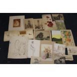 A QUANTITY OF UNFRAMED WATERCOLOURS, PENCIL DRAWINGS, PEN DRAWINGS ETC. (TRAY)