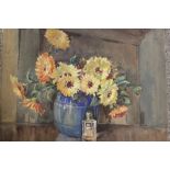 AN UNFRAMED WATERCOLOUR STILL LIFE STUDY OF FLOWERS SIGNED V.BELL - H 29 CM W 37 CM