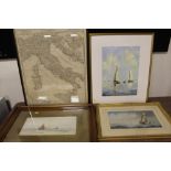 TWO FRAMED AND GLAZED WATERCOLOURS OF SAIL BOATS AT SEA TOGETHER WITH A SIMILAR PRINT AND A MAP OF