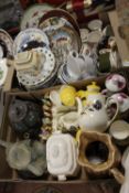 TWO TRAYS OF ASSORTED CERAMICS TO INCLUDE ANTIQUE TEAPOTS, COLLECTORS PLATES, PALISSY COFFEE SET