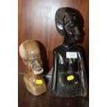 A CARVED WOODEN AFRICAN/ TRIBAL STYLE FIGURE, TOGETHER WITH A STONE HEAD CARVING (2)