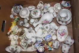 A TRAY OF ASSORTED MINIATURE AND OTHER CHINA TO INC COALPORT, WEDGWOOD, ETC