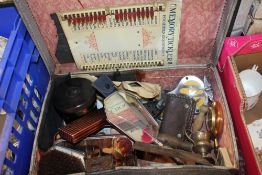A SUITCASE OF VINTAGE COLLECTABLES TO INCLUDE AN ENAMELLED 'MEMORY TICKLER OF HOUSEHOLD