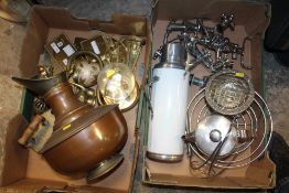 TWO TRAYS OF ASSORTED METALWARE TO INCLUDE A LARGE COPPER JUG, MODERN TAPS ETC.