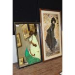 AN ART NOUVEAU STYLE WALL MIRROR TOGETHER WITH A FRAMED AND GLAZED PRINT OF A LADY