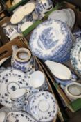 THREE TRAYS OF BLUE AND WHITE CHINA TO INC WILLOW PATTERN EXAMPLES, ROYAL DOULTON YORK TOWN ETC