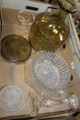 A TRAY OF ASSORTED GLASSWARE TO INCLUDE A FLORAL LIDDED POT STAMPED VERLYS FRANCE