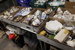 FOUR TRAYS OF ASSORTED CERAMICS AND CHINA TO INCLUDE A NORITAKE TWIN HANDLED COMPORT, GAUDY WELSH
