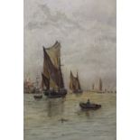 A FRAMED OIL ON CANVAS OF BOATS IN HARBOUR INITIALED MB LOWER RIGHT - H 36 CM W 26 CM