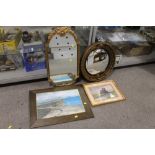 A GILT FRAMED CONVEX PORTHOLE MIRROR, TOGETHER WITH ANOTHER AND TWO ASSORTED PAINTINGS (4)