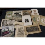 A TRAY OF UNFRAMED PRINTS, ENGRAVINGS, ETCHINGS ETC. TO INCLUDE PATTERN DESIGNS, PORTRAITS ETC.