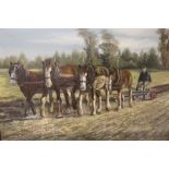 A LARGE FRAMED OIL ON CANVAS OF A PLOUGHING SCENE SIGNED GULLI? - H 61 CM W 91 CM