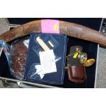 A HARD CASE OF COLLECTABLES TO INCLUDE A WOODEN BOOMERANG. MODERN POCKET WATCH ETC