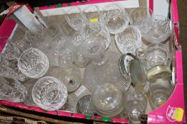 THREE TRAYS OF ASSORTED GLASSWARE TO INC A QUANTITY OF CUT GLASS DRINKING GLASSES