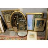 THREE ASSORTED WALL MIRRORS TOGETHER WITH AN OIL PAINTING, WATERCOLOUR AND PRINT (6)