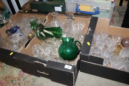 THREE TRAYS OF ASSORTED GLASSWARE TO INCLUDE HAND PAINTED ANTIQUE GLASS JUGS, MILLEFIORE STYLE