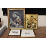 TWO ECCLESIASTICAL GILT FRAMED PRINTS, TOGETHER WITH A WATERCOLOUR AND ETCHING (4)