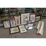 A QUANTITY OF ASSORTED PRINTS TOGETHER WITH AN OAK FRAMED HALL MIRROR UNFRAMED MAPS ETC