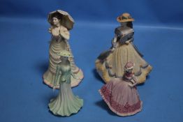 FOUR COALPORT FIGURINES - TWO LARGE AND TWO SMALL, SPANISH SERENADE, CHISWICK WALK, CASSANDRA AND