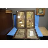 A PAIR OF OAK FRAMED PRINTS OF STAGS TOGETHER WITH TWO ENGRAVINGS DEPICTING CATTLE TITLED 'RETURN OF