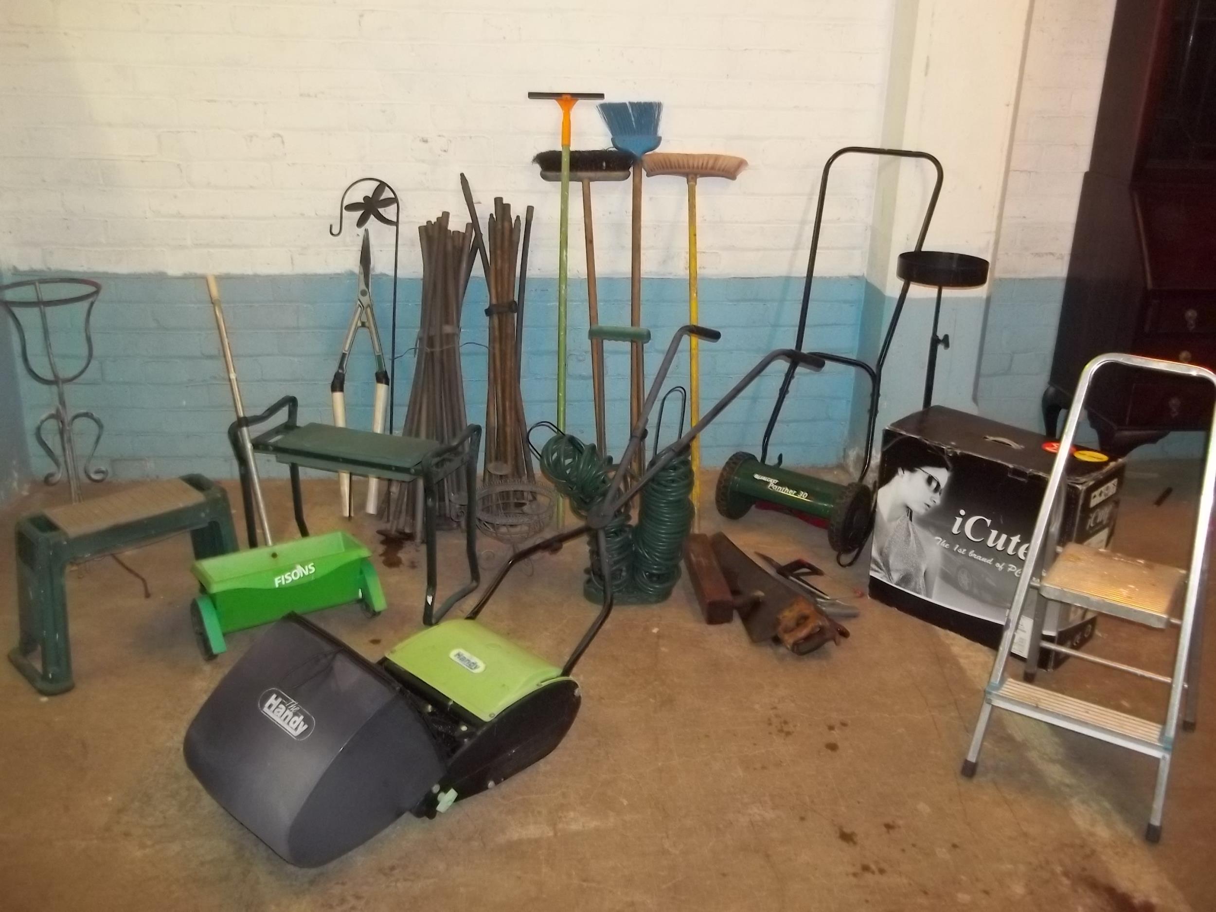 A SELECTION OF GARDEN TOOLS TO INCLUDE HAND MOWERS, DRAIN RODS ETC.