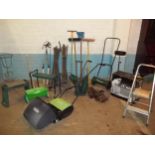 A SELECTION OF GARDEN TOOLS TO INCLUDE HAND MOWERS, DRAIN RODS ETC.