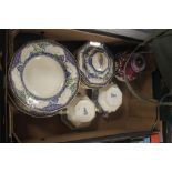 TWO TRAYS OF CHINA AND GLASSWARE TO INCLUDE PART ROYAL DOULTON DINNER SET "MERRYWEATHER" PEWTER