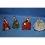 FOUR LARGE ROYAL DOULTON FIGURINES - 'FIRST DANCE', 'TOP O' THE HILL', 'SUMMER BREEZES' AND 'GRACE'