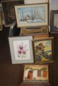A QUANTITY OF ASSORTED PICTURES AND PRINTS TO INCLUDE A FRAMED TAPESTRY