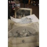 A LARGE TRAY OF ENGRAVINGS TO INCLUDE SIGNED PRINT BY W. DENDY SADLER, JOHN COTHER WEBB MEZZOTINT