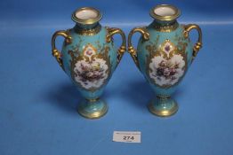 A PAIR OF HAND PAINTED ROYAL CROWN DERBY VASES WITH TURQUOISE GROUND AND GILT HIGHLIGHTS