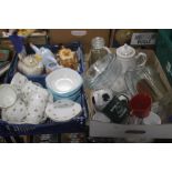 THREE TRAYS OF CHINA AND GLASSWARE TO INCLUDE TEAPOTS ETC