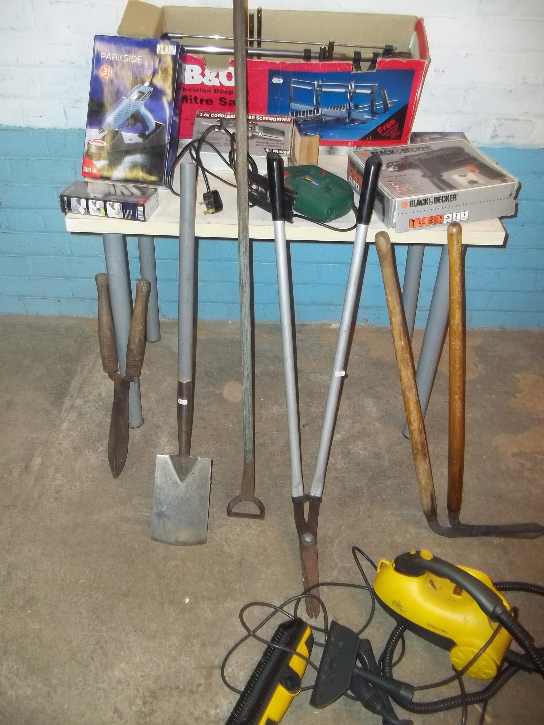 A SELECTION OF BOXED TOOLS AND GARDEN TOOLS TO INCLUDE A MITRE SAW AND A STEAM CLEANER