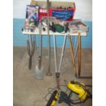 A SELECTION OF BOXED TOOLS AND GARDEN TOOLS TO INCLUDE A MITRE SAW AND A STEAM CLEANER