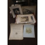 A LARGE TRAY OF ENGRAVINGS AND ARTWORK TO INCLUDE HOGARTH, JOHN SHIPPE, PORTRAITS, TOPOGRAPHICAL ETC
