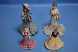FOUR COALPORT MATT FIGURINES - TWO LARGE AND TWO SMALL - ELIZABETH, AGE OF ELEGANCE, ISABEL AND