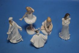 FIVE SMALL ROYAL DOULTON FIGURINES - 'CHRISTMAS PARCELS' AND 'CHRISTMAS LANTERNS', 'KAREN', '