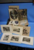 A TRAY OF ENGRAVINGS AND ETCHINGS MANY SIGNED TO INCLUDE "SIR DAVID YOUNG CAMERON", "GEORGE COOKE"