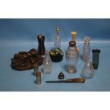 A COLLECTION OF GLASS BOTTLES TOGETHER WITH A CERAMIC VASE, PAPER WEIGHT ETC