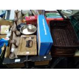 A TRAY CONTAINING VINTAGE COAT RACK, VINTAGE WEIGHING SCALES, BOX OF VINTAGE BOTTLES J. BIDDY & SON,