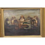 A FRAMED OIL ON CANVAS DEPICTING DOGS PLAYING CARDS SIGNED TO THE LOWER LEFT 59 X 48 CM